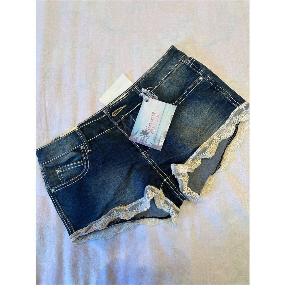 Almost Famous Dark Blue Denim Booty Shorts with Cream Lace Trim Size 5
